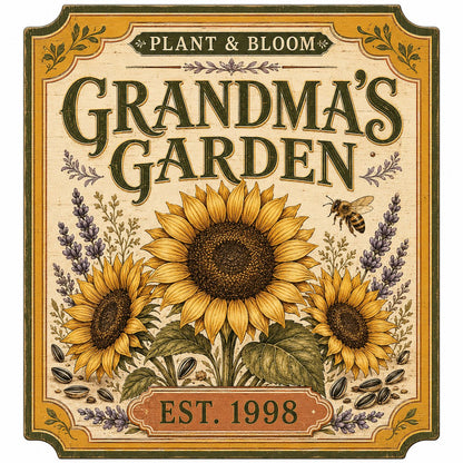 Square bracketed wooden sign with three sunflowers, lavender, a honeybee, and “Plant & Bloom” and “Grandma’s Garden” tex