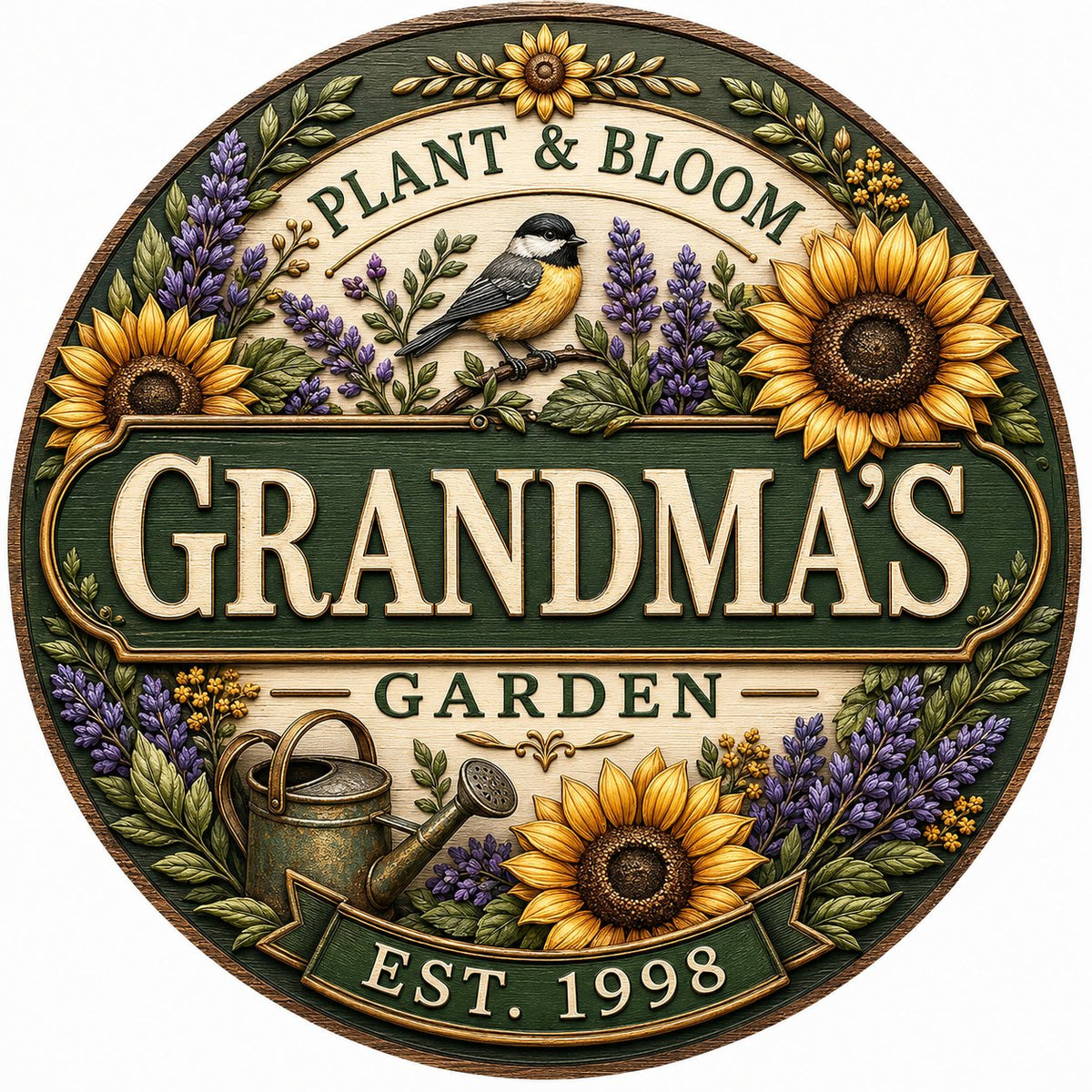 Round wooden sign with sunflowers, lavender, a chickadee, and green banners reading PLANT & BLOOM and GARDEN.