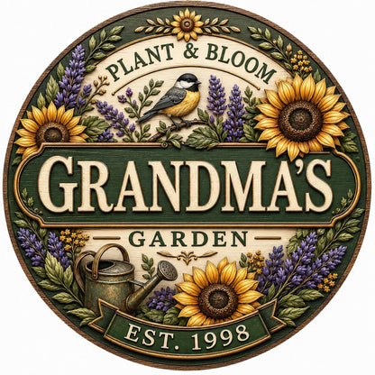 Round wooden sign with sunflowers, lavender, a chickadee, and green banners reading PLANT & BLOOM and GARDEN.