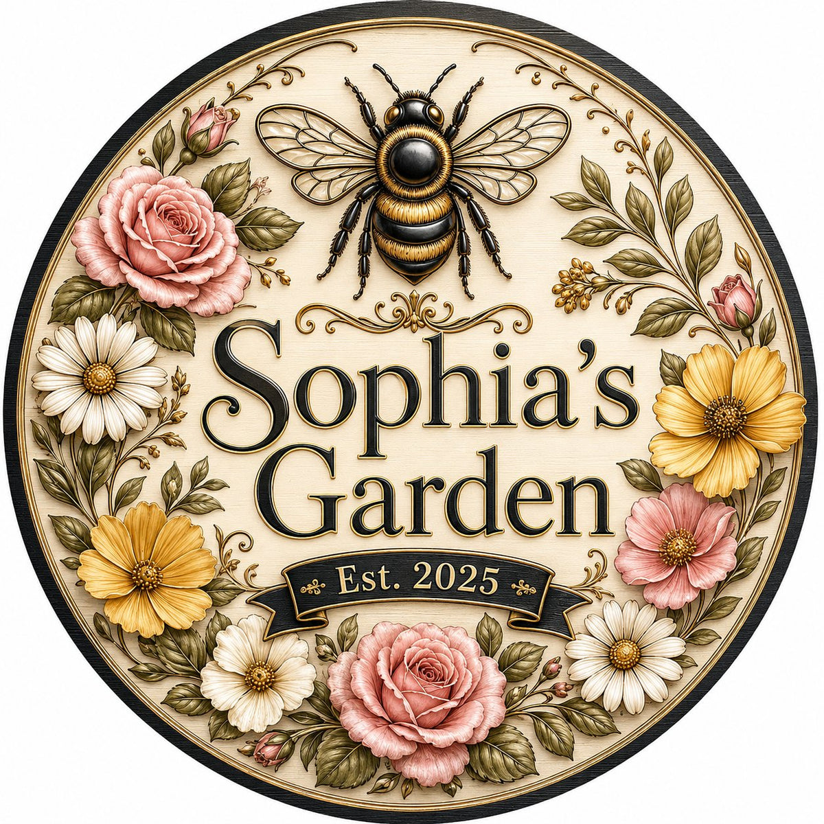 Round wooden sign with 'GRANDMA'S GARDEN', a gold-and-black bee, floral wreath, and EST. year on a light wood background