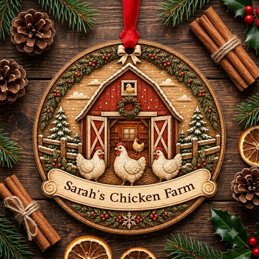 Personalized Round Red Barn Chicken Coop Wood Ornament, Custom Farmhouse Keepsake