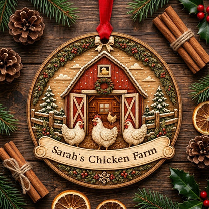 Personalized Round Red Barn Chicken Coop Wood Ornament, Custom Farmhouse Keepsake