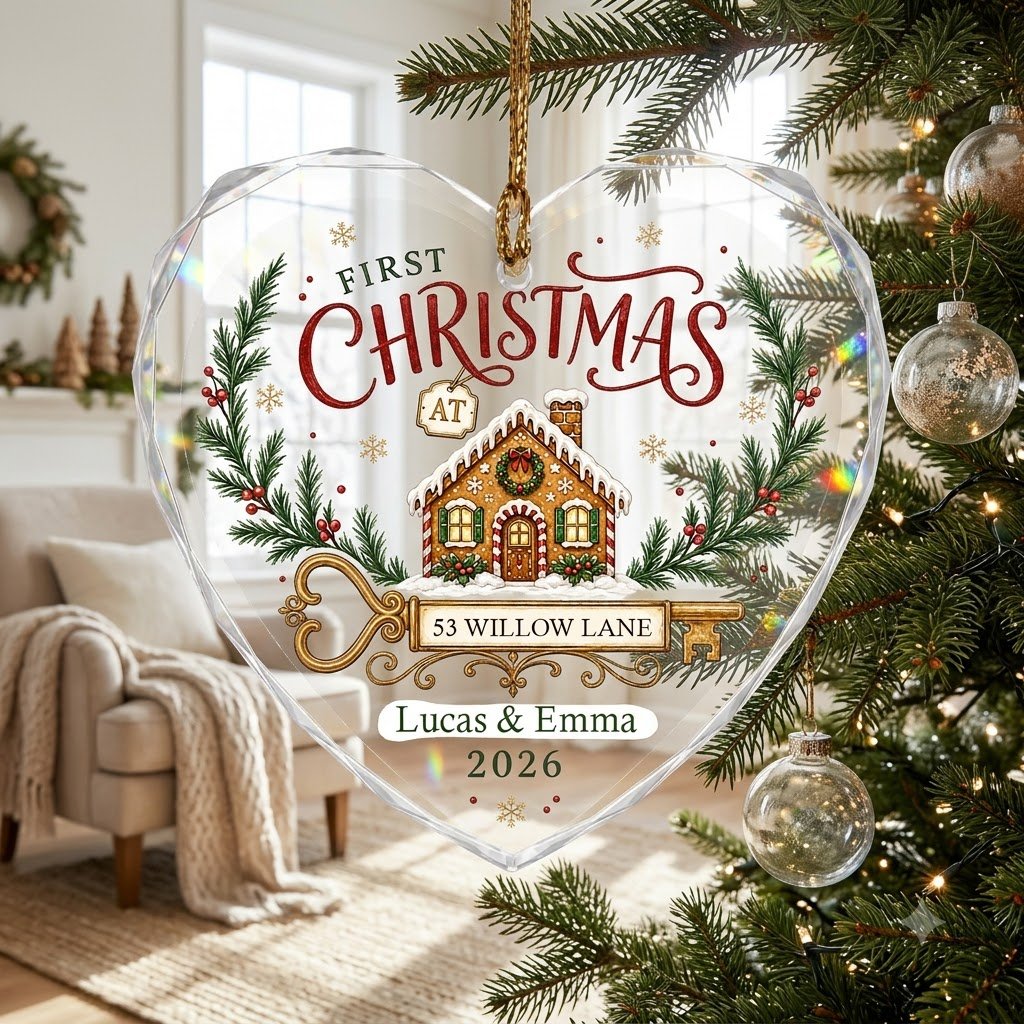 Personalized First Christmas at New Home Gingerbread Key Heart Glass Ornament