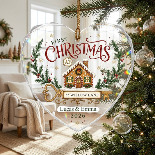 Personalized First Christmas at New Home Gingerbread Key Heart Glass Ornament