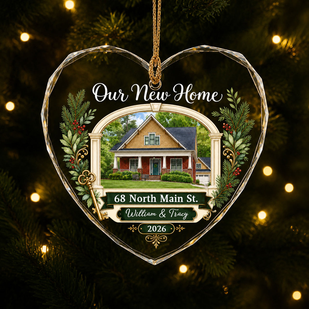 Heart glass ornament with archway, brick and yellow house, pine branches, gold key, and 'Our New Home' text.