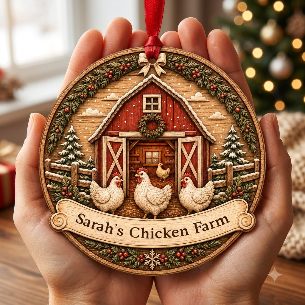 Personalized Round Red Barn Chicken Coop Wood Ornament, Custom Farmhouse Keepsake