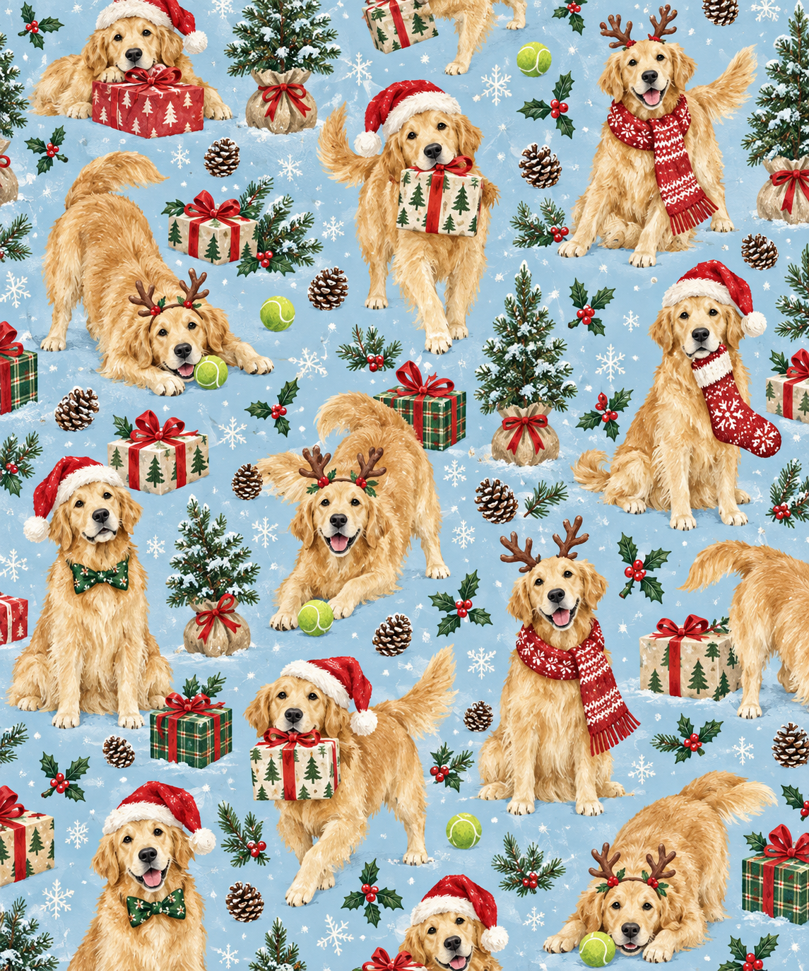 Light blue wrapping paper with Golden Retrievers in festive accessories, Christmas trees, gifts and snowflakes.