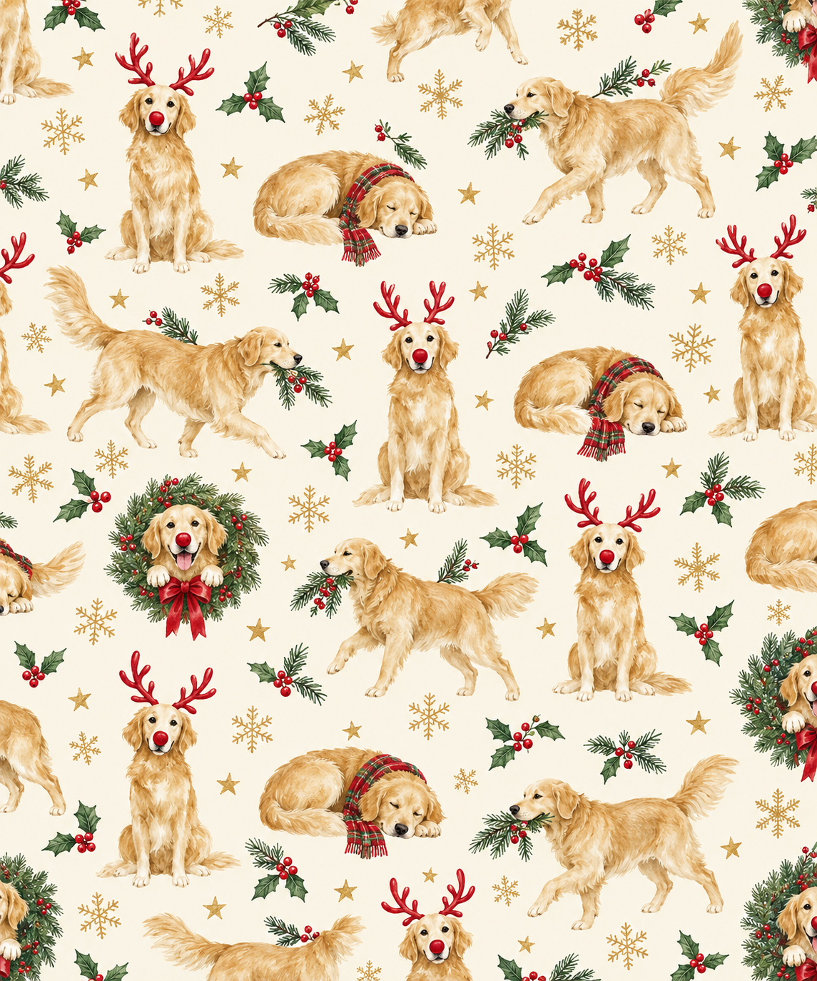 Cream wrapping paper with Golden Retriever dogs in antlers and scarves, wreaths, holly, snowflakes and stars.