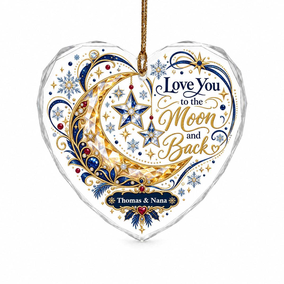 Heart glass ornament with jeweled gold crescent moon, blue hanging stars, and 'Love You to the Moon and Back' text.