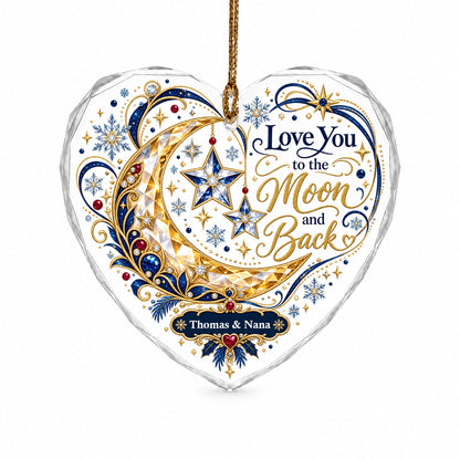 Heart glass ornament with jeweled gold crescent moon, blue hanging stars, and 'Love You to the Moon and Back' text.