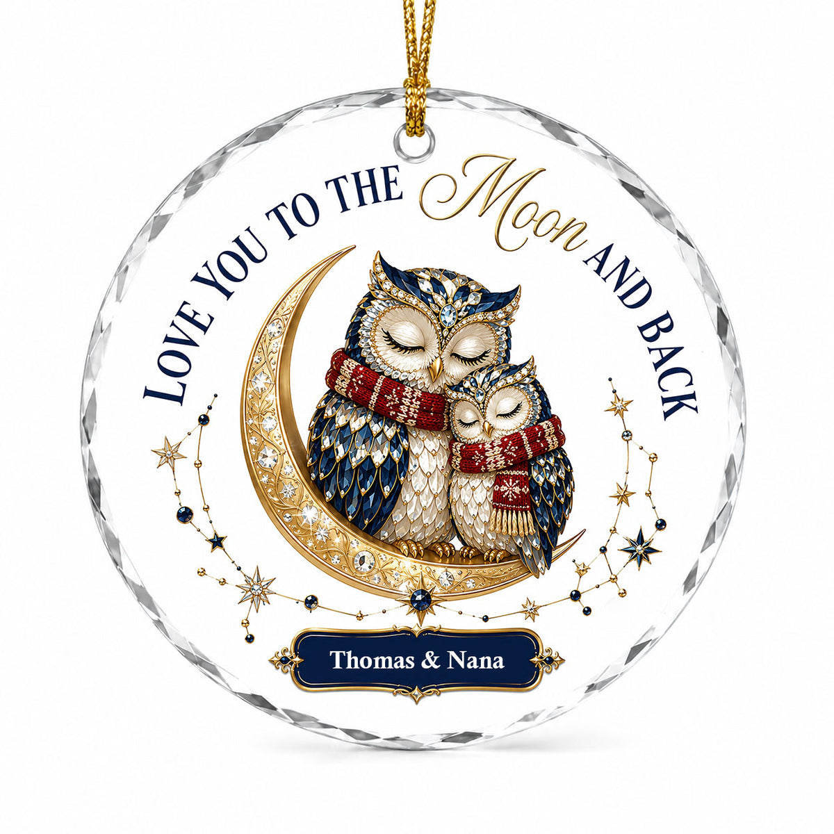 Two jeweled owls on a gold crescent moon with Love You to the Moon and Back text and names on a blue plaque.