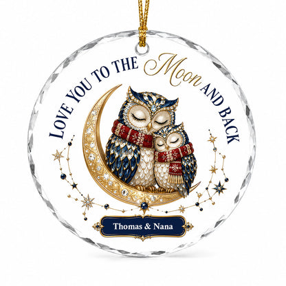 Two jeweled owls on a gold crescent moon with Love You to the Moon and Back text and names on a blue plaque.