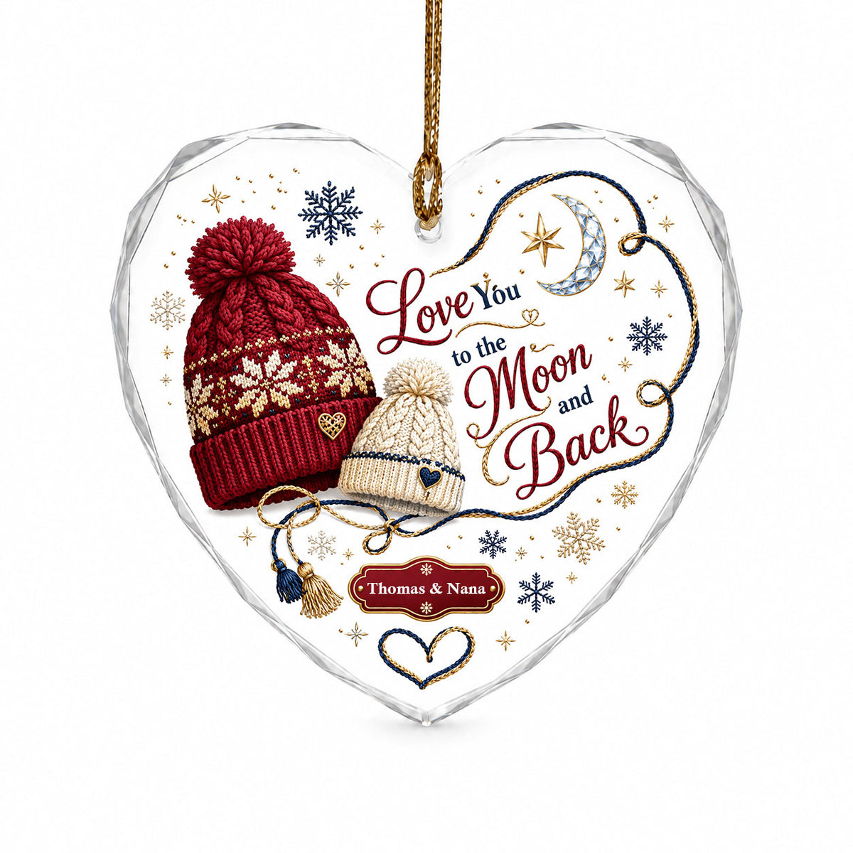 Heart glass ornament with red and cream pom-pom beanies, silver moon, gold star, and Love You Moon and Back text.