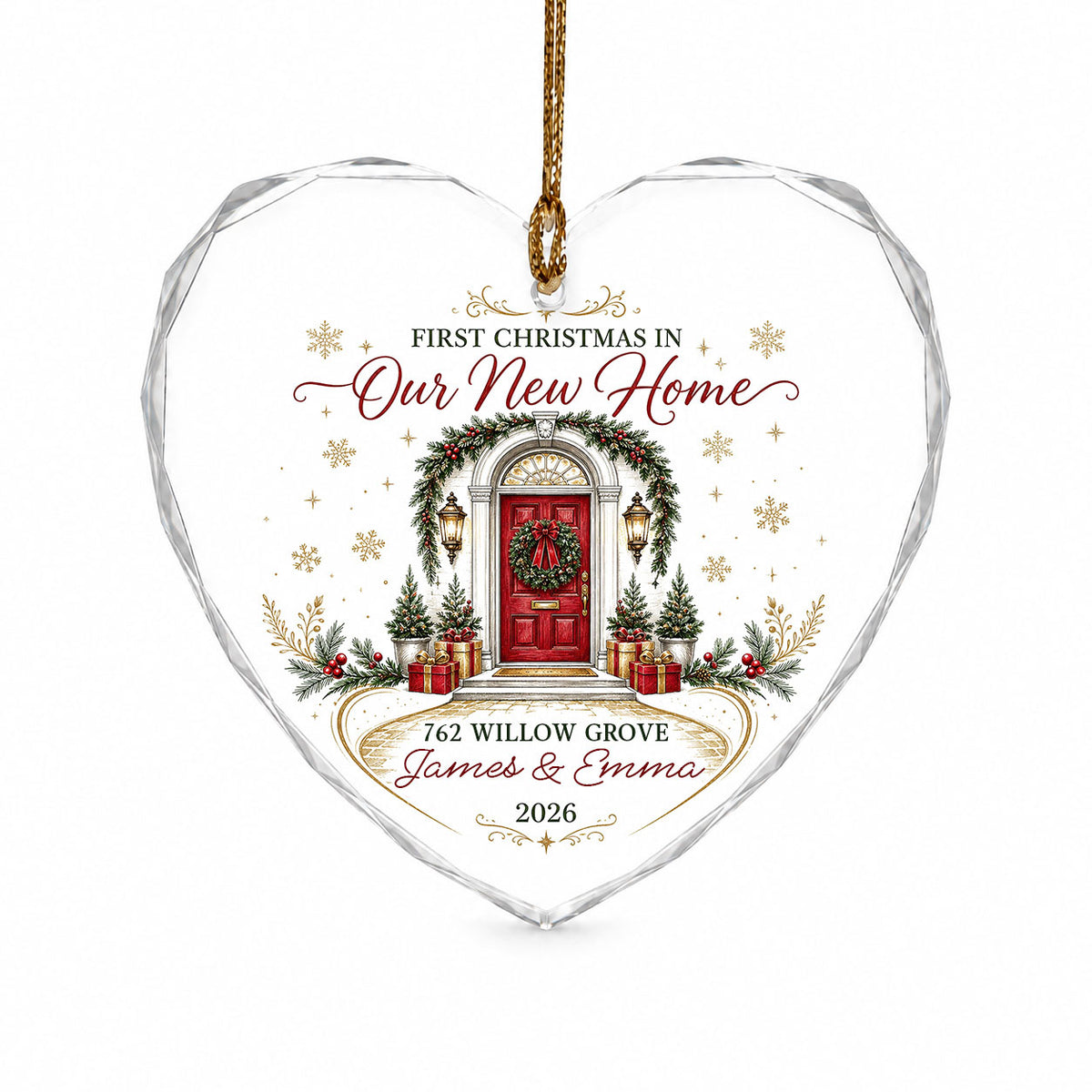 Heart-shaped glass ornament with a red front door, wreath, garland, lanterns, gift boxes, and gold snowflakes.