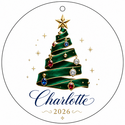Round glass ornament with emerald ribbon tree, gold star and gem ornaments, personalized with name and year.