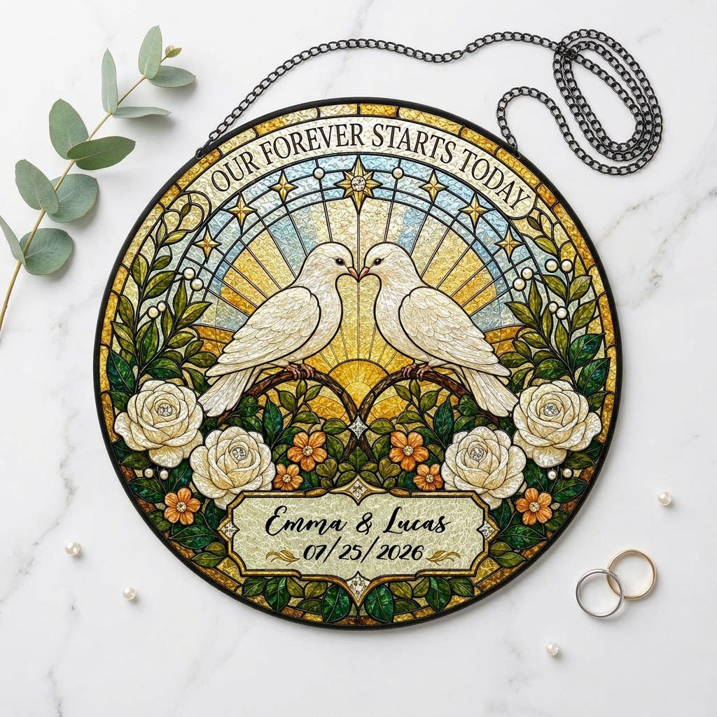 Personalized Wedding Doves Our Forever Starts Today Floral Stained Glass Round Suncatcher