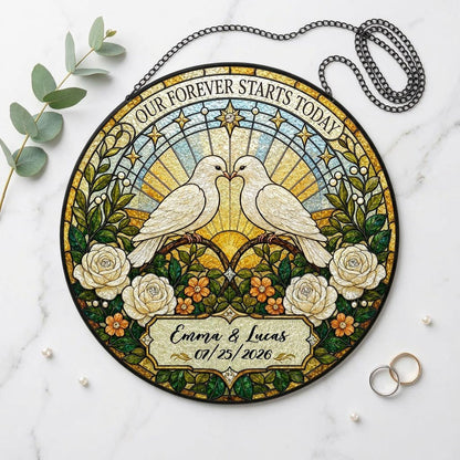 Personalized Wedding Doves Our Forever Starts Today Floral Stained Glass Round Suncatcher