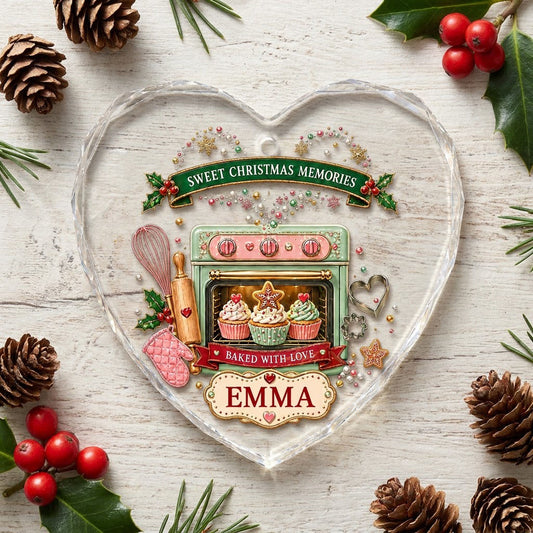 Heart suncatcher with mint-green oven, cupcakes, baking tools, holly, and Sweet Christmas Memories text