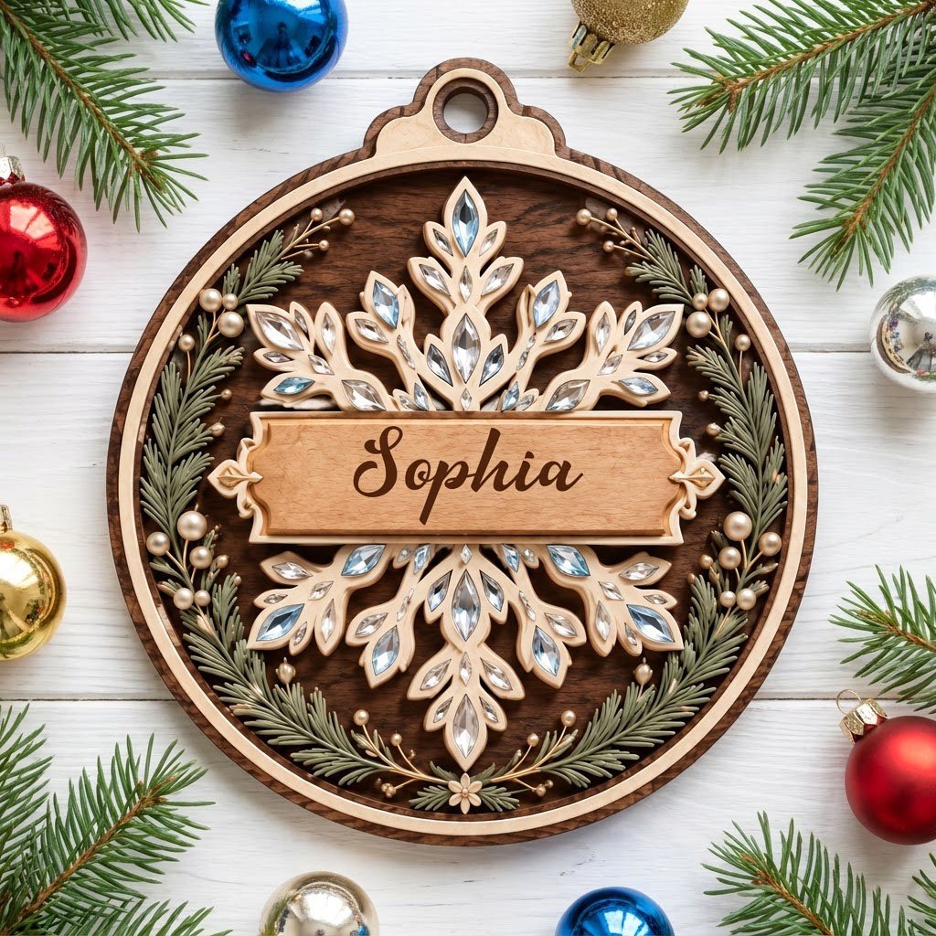 Round wood ornament with a snowflake, gemstone accents, pine sprigs, and a banner personalized with a name.