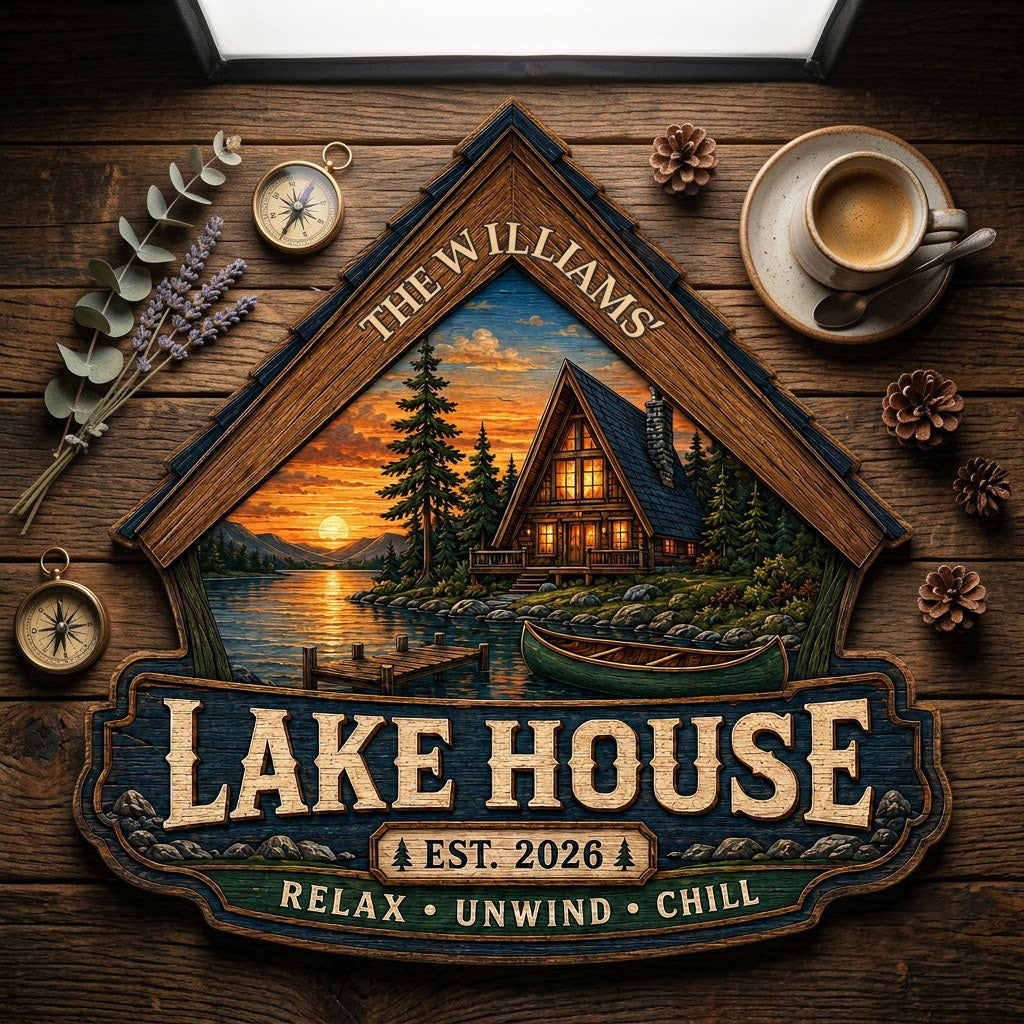Personalized Lake House Cabin Sunset Wooden Hanging Sign