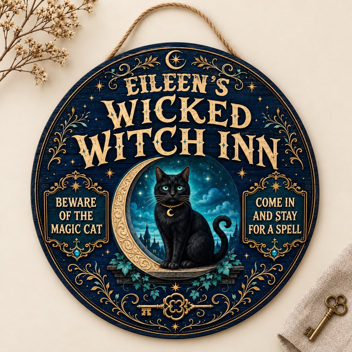 Personalized Wicked Witch Inn Wood Sign, Custom Name Halloween Black Cat Crescent Moon Wall Hanging Decor