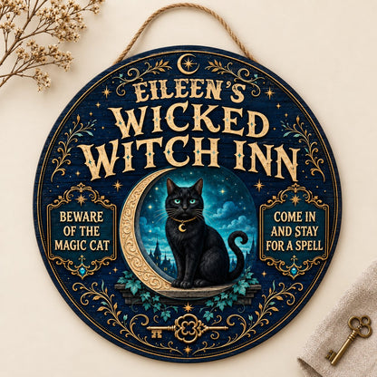 Personalized Wicked Witch Inn Wood Sign, Custom Name Halloween Black Cat Crescent Moon Wall Hanging Decor