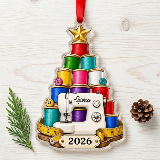 Personalized Sewing Tree Acrylic Ornament, Custom Seamstress Quilter Christmas Keepsake