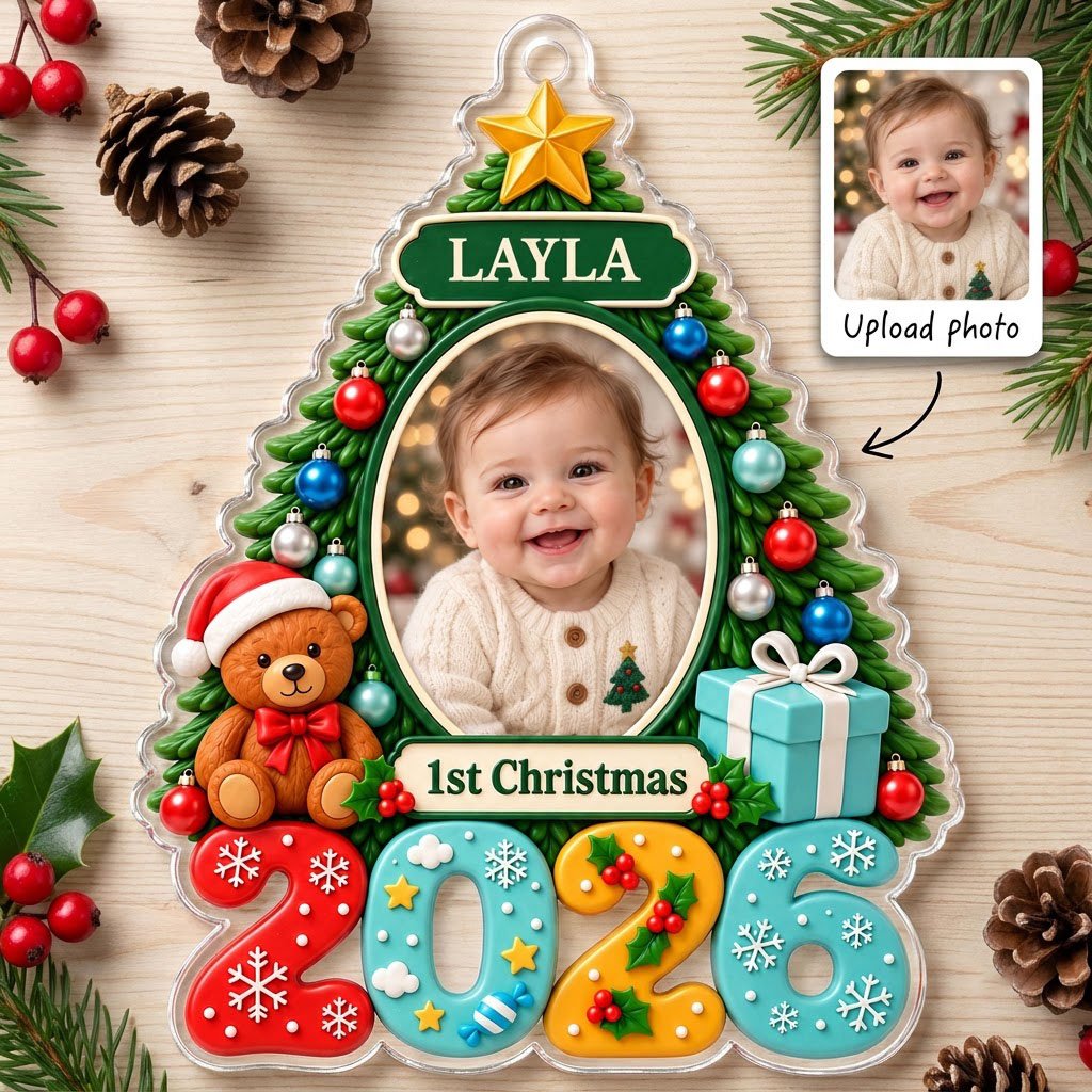 Green Christmas tree acrylic ornament with star topper, baby photo frame, teddy bear, and 2026 numbers.