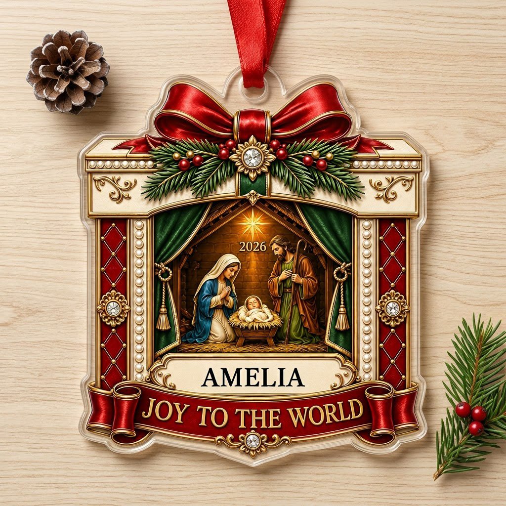 Personalized Nativity Scene Gift Box Acrylic Ornament, Custom Christian Holy Family Christmas Keepsake