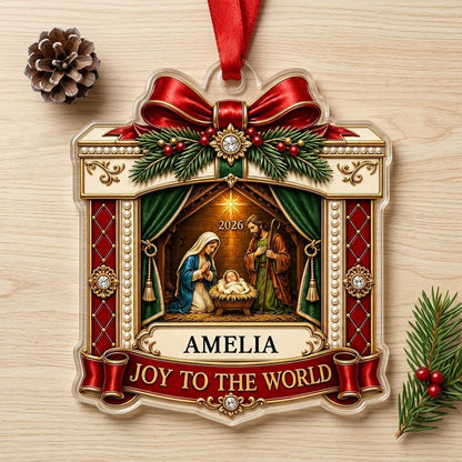 Personalized Nativity Scene Gift Box Acrylic Ornament, Custom Christian Holy Family Christmas Keepsake