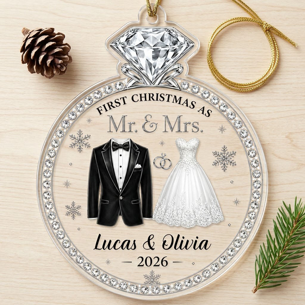 Clear acrylic diamond-ring ornament with tuxedo, lace gown, silver rings and 'First Christmas as Mr. & Mrs.' text.