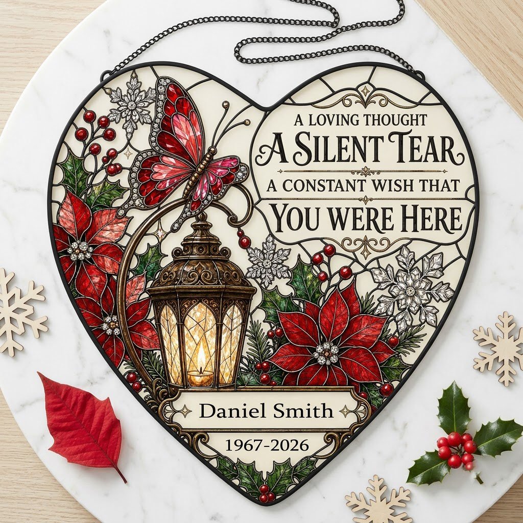 Personalized Red Butterfly Glowing Lantern A Silent Tear Memorial Heart Stained Glass Suncatcher