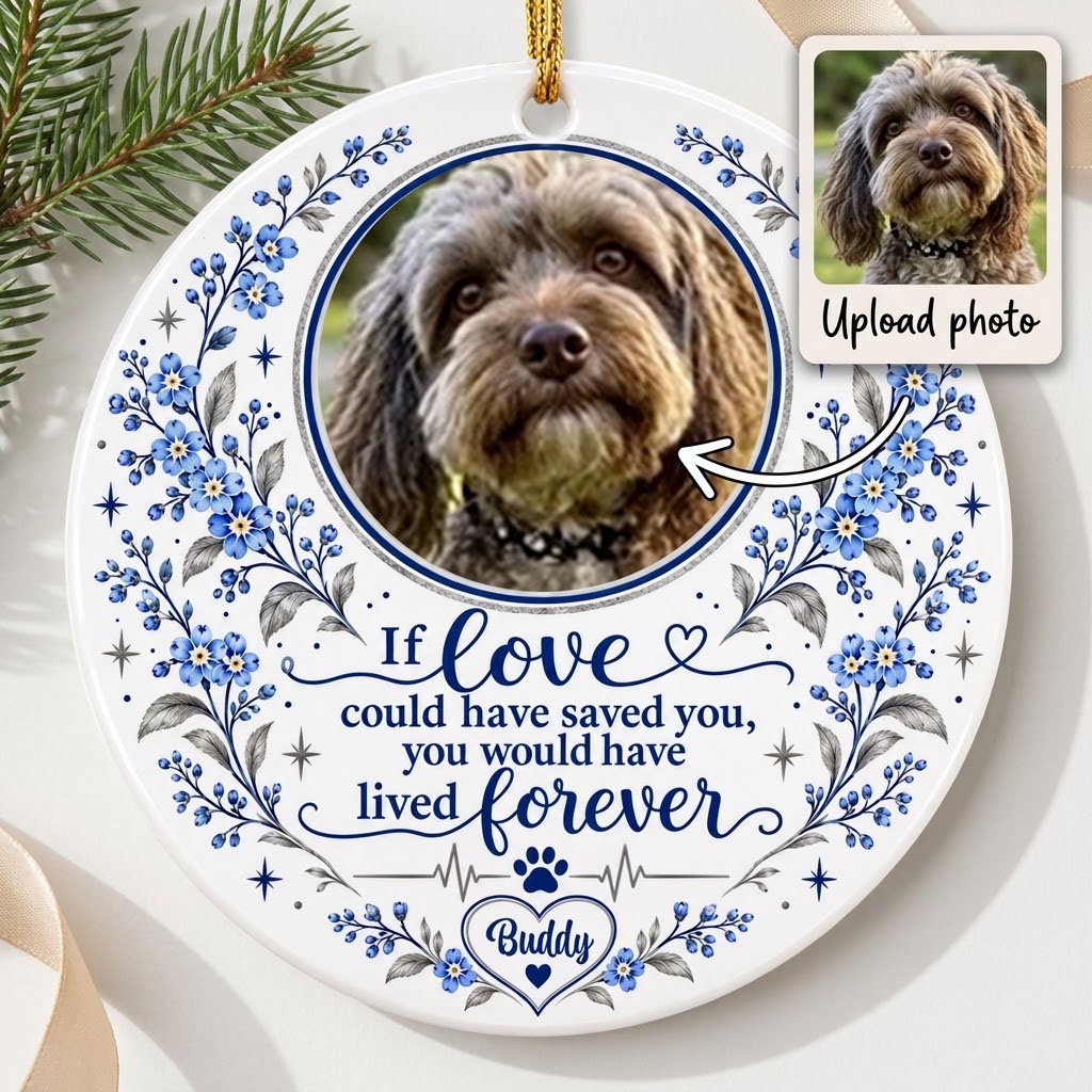 Round ceramic ornament with pet photo, blue forget-me-not florals, paw heartbeat line, and memorial quote.
