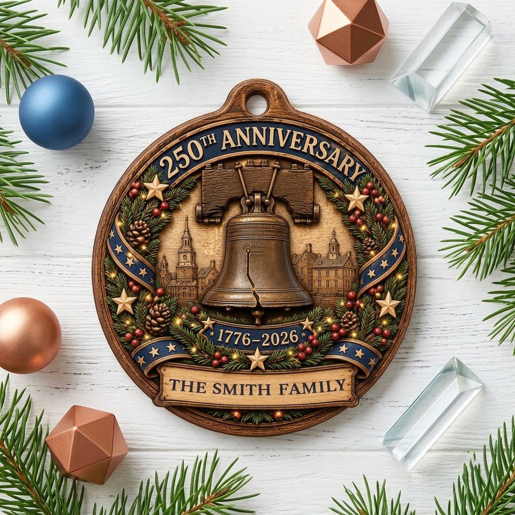 Round wood ornament with Liberty Bell, Independence Hall, pine wreath, gold stars, and a name banner.