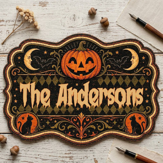 Ornate scalloped wooden sign with jack-o'-lantern, moons, bats, black cats and family name in Halloween style.