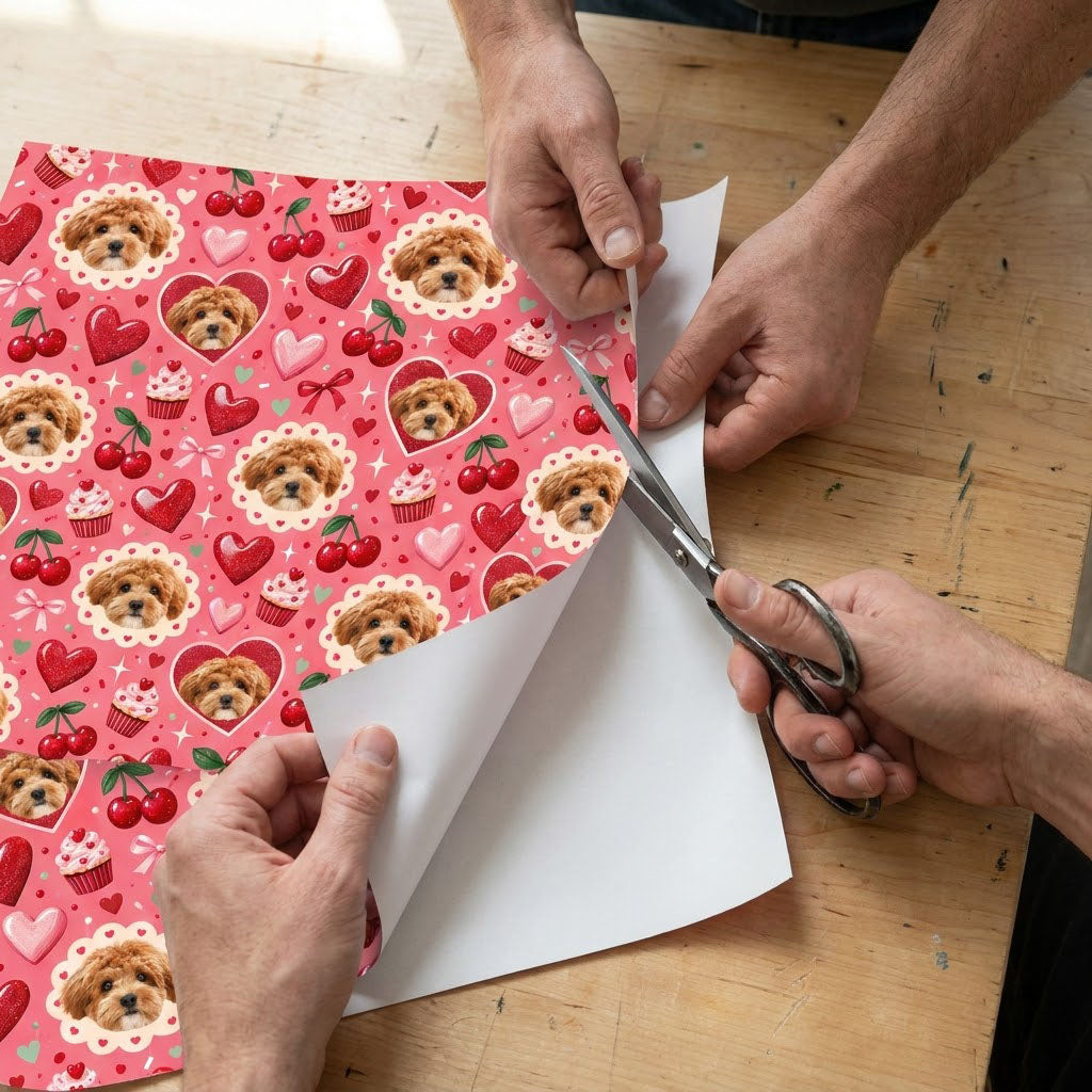Pink gift wrap with light brown puppy faces, hearts, cherries, cupcakes, bows and sparkles in a repeating pattern