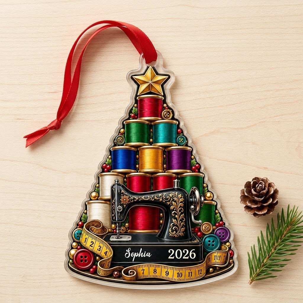 Personalized Vintage Sewing Tree Acrylic Ornament, Custom Quilter Seamstress Keepsake