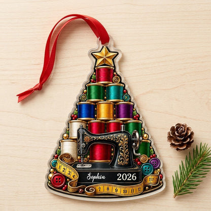 Personalized Vintage Sewing Tree Acrylic Ornament, Custom Quilter Seamstress Keepsake