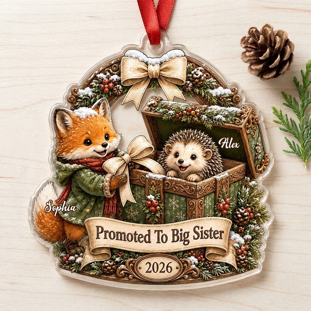 Custom-cut acrylic ornament: fox in jacket, hedgehog in box, pine arch and Promoted To Big Sister banner.