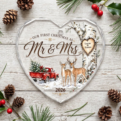 Personalized Our First Christmas as Mr & Mrs Deer Red Truck Heart Glass Ornament
