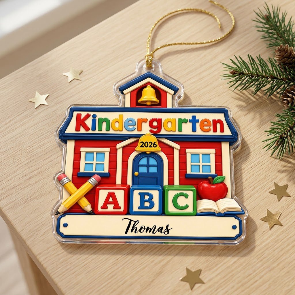 Red schoolhouse acrylic ornament with Kindergarten 2026, ABC blocks, pencils, apple, and a name on a white banner.