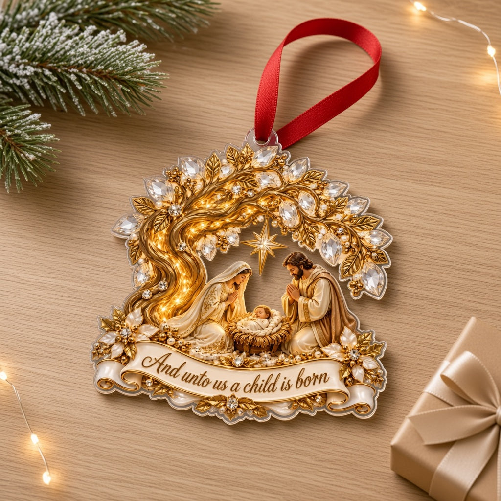 Acrylic ornament with Mary, Joseph and Baby Jesus under a radiant star, golden tree accents and a red ribbon.