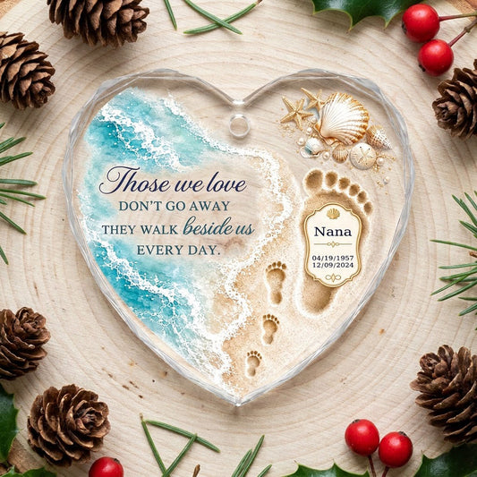 Personalized Beach Footprints Memorial Those We Love Beside Us Heart Glass Ornament