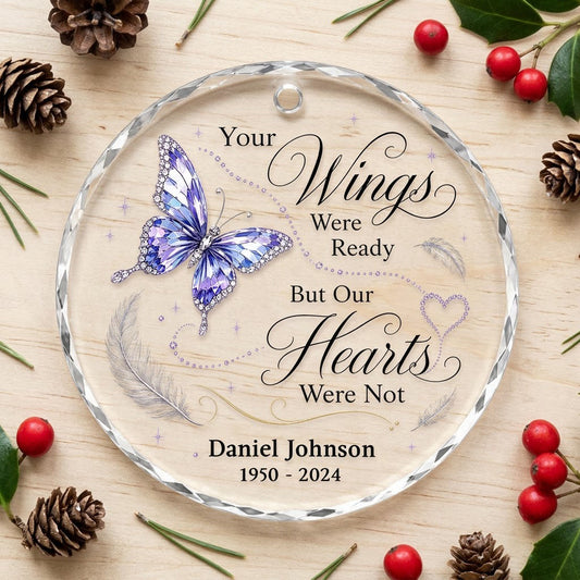 Personalized Butterfly Memorial Your Wings Were Ready Flight Trail Round Glass Ornament