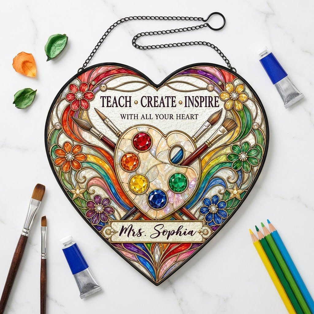 Heart-shaped stained glass suncatcher with palette, brushes, rainbow arcs, flowers and 'Teach • Create • Inspire'.