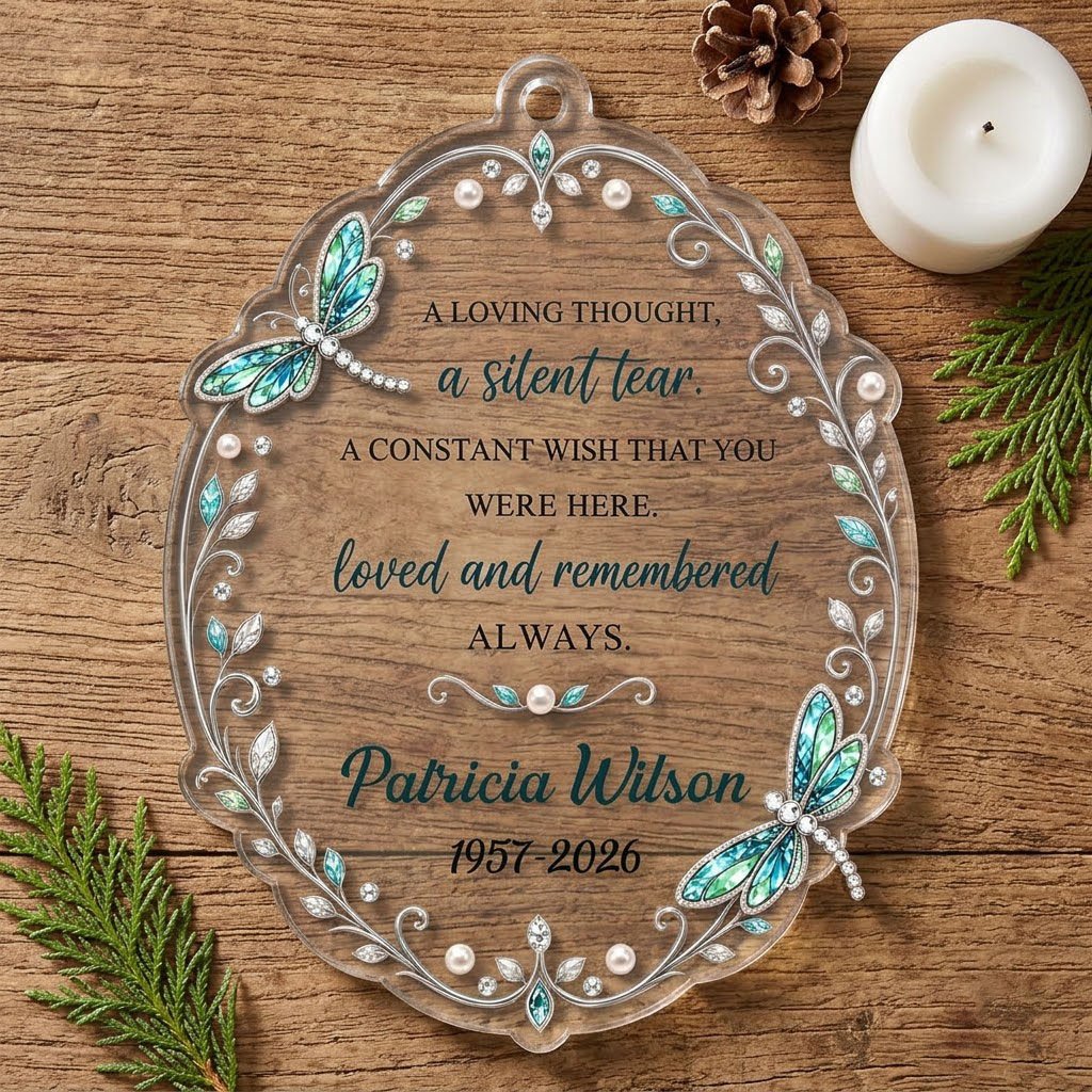 Clear acrylic ornament with teal and blue dragonflies, silver filigree, and a memorial quote with name and dates.