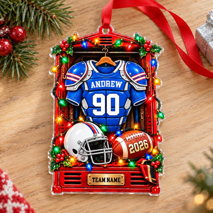 Acrylic ornament shaped like a red football locker with lights, jersey, helmet, football and gold nameplate.