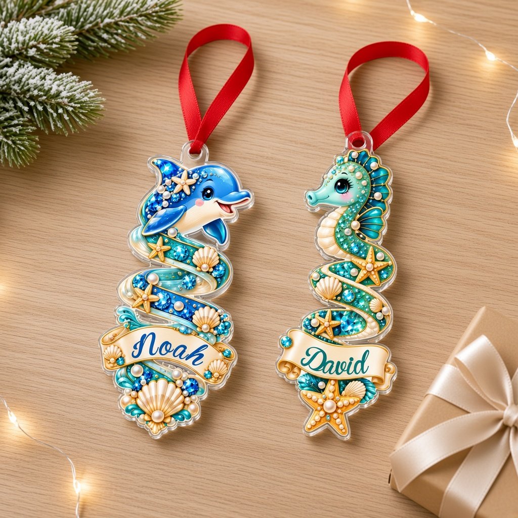 Clear acrylic ornament with a dolphin or seahorse, ocean banners, starfish, seashells and gemstones.