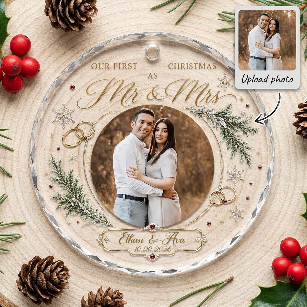 Round glass ornament with couple photo, gold wedding rings, snowflakes and 'OUR FIRST CHRISTMAS AS Mr & Mrs'.