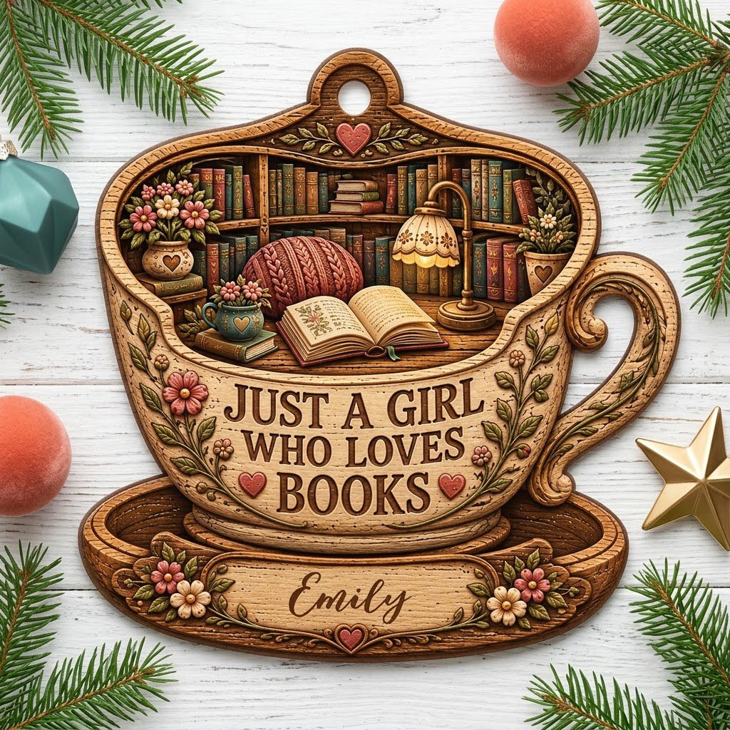Teacup-shaped wood ornament with cozy library scene and 'JUST A GIRL WHO LOVES BOOKS' plus a personalized name.